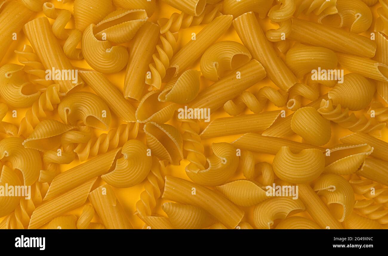 Italian Pasta Pattern Different Pasta Types On Yellow Background Flat Lay Stock Photo Alamy
