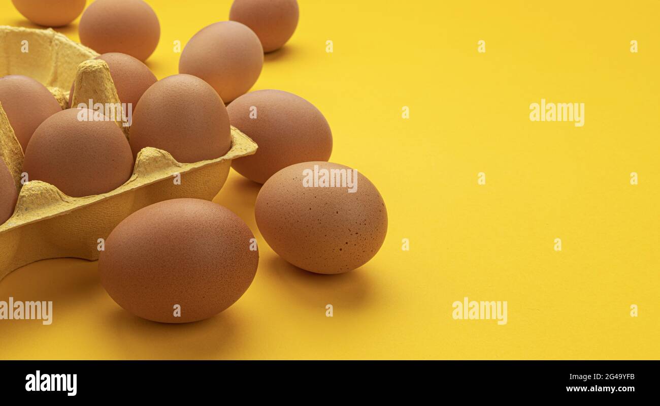Brown chicken eggs in cardboard box on yellow background Stock Photo