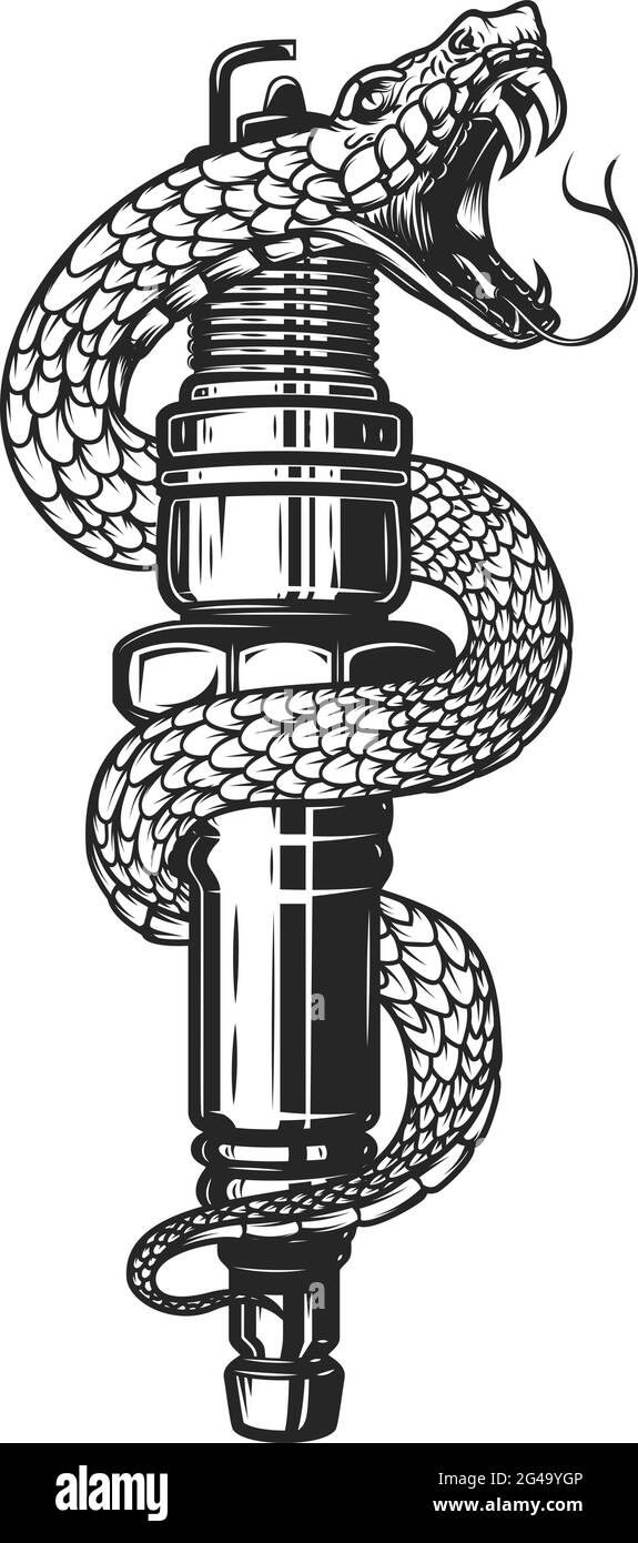 Illustration of snake on car spark plug. Design element for poster, card, banner, sign. Vector illustration Stock Vector