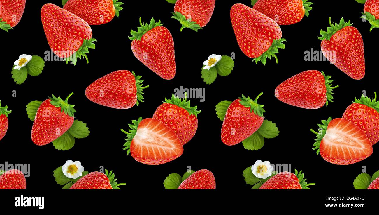 Strawberry seamless pattern on black background Stock Photo