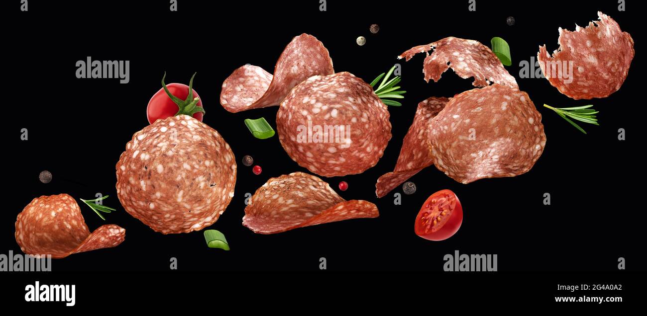 Falling sliced salami isolated on black background Stock Photo