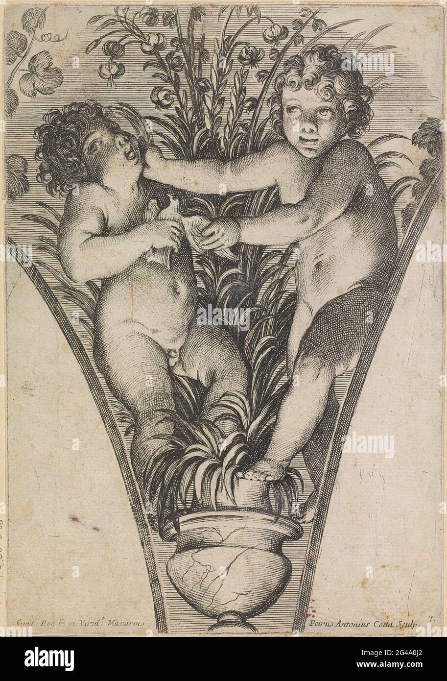 Two putti, fighting to a bird, at a plant in a pot; Guido Reni's frescoes in the Loggia of the Palazzo Rospigliosi Pallavicini. . Stock Photo