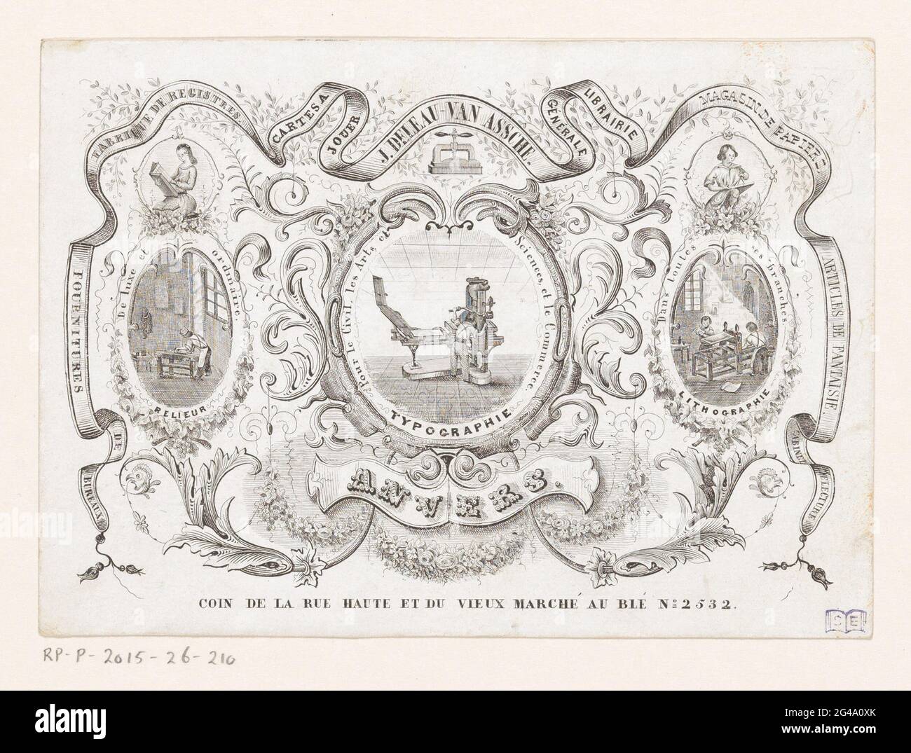 Business card from Drukkerij J. Deleeau-Van Assche in Antwerp. Frame  consisting of floral motifs and reading people. In the middle three  medallions, in the middle a busier behind a printing press, left