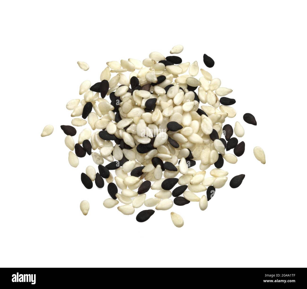 Black and white sesame seeds isolated on white background, macro, top