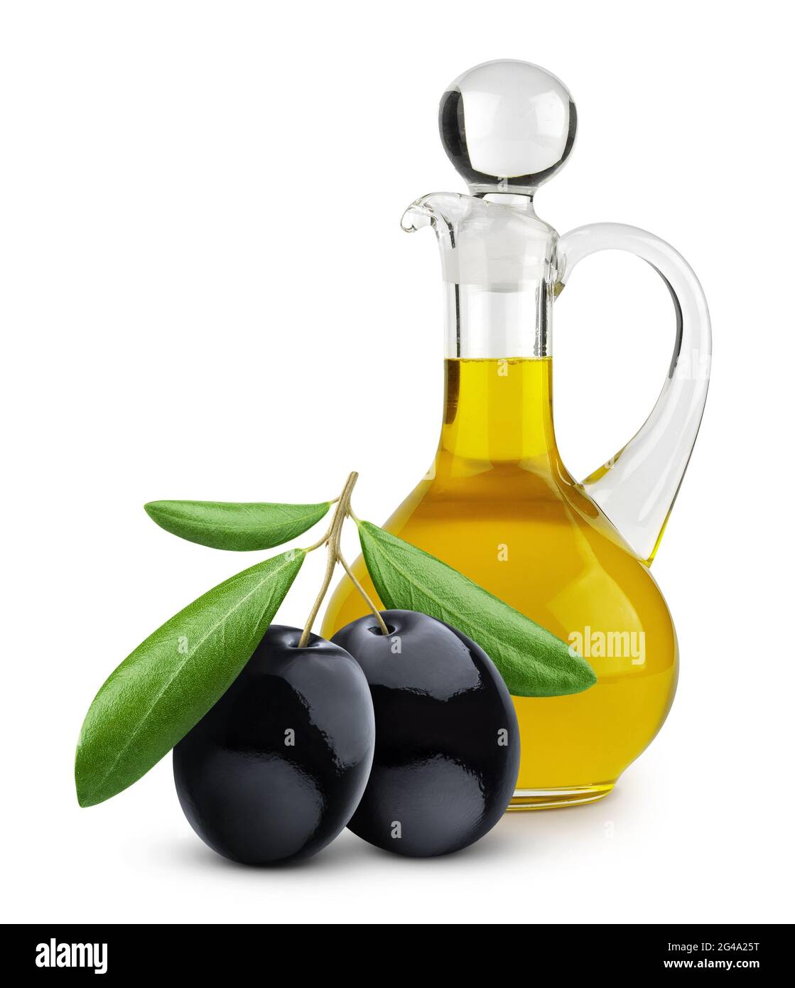 Bottle of extra virgin olive oil and black olives isolated on white ...