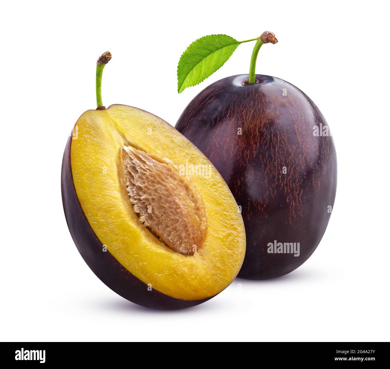 Plums with leaves isolated on white background Stock Photo