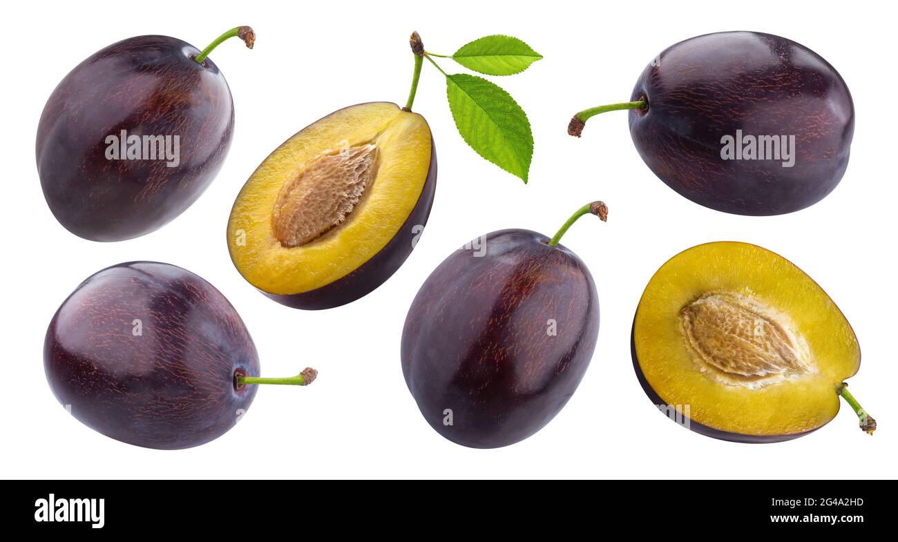Plums with leaves isolated on white background Stock Photo