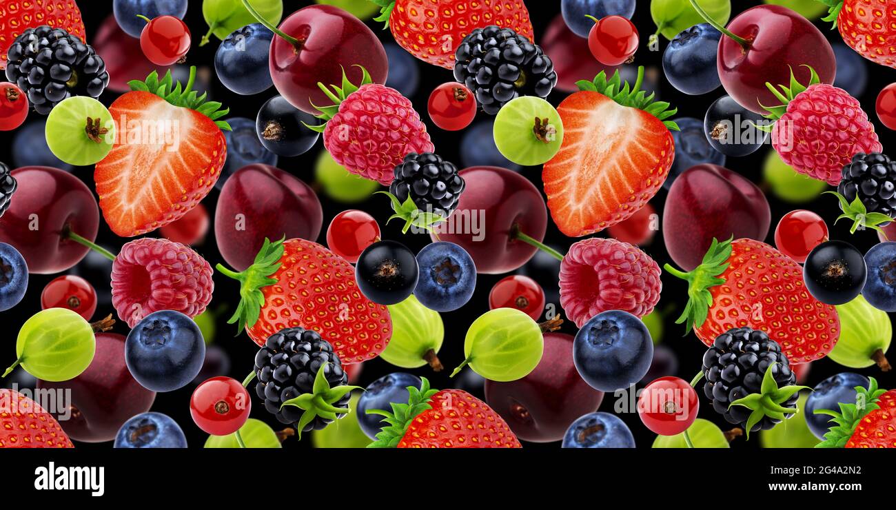 Falling berries seamless pattern isolated on black background Stock Photo