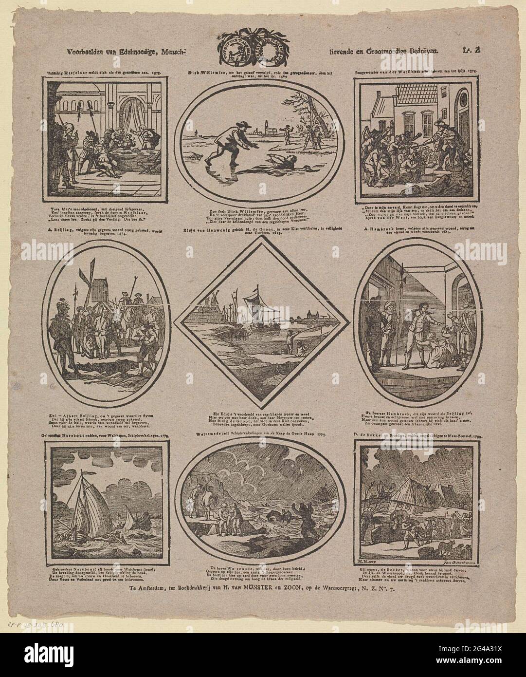 Examples of generous, human / enthusiastic and generous companies. Leaf with 9 performances by actions of persons from Dutch history that testify of generosity. Provisions fully or largely taken over from old prints. In the middle of the seal of society to the usefulness of the general. Above every image a title, under each image a four-line verse. Numbered at the top right: L.Z. Stock Photo