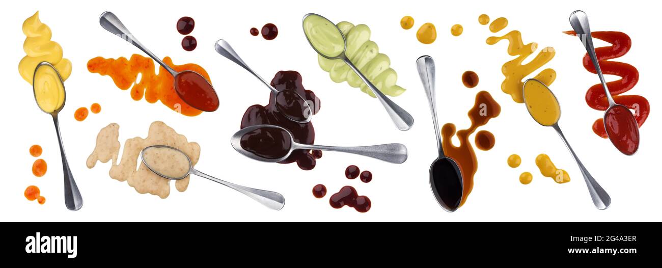 Sauce with spoon isolated on white background, collection of different spilled and flowing