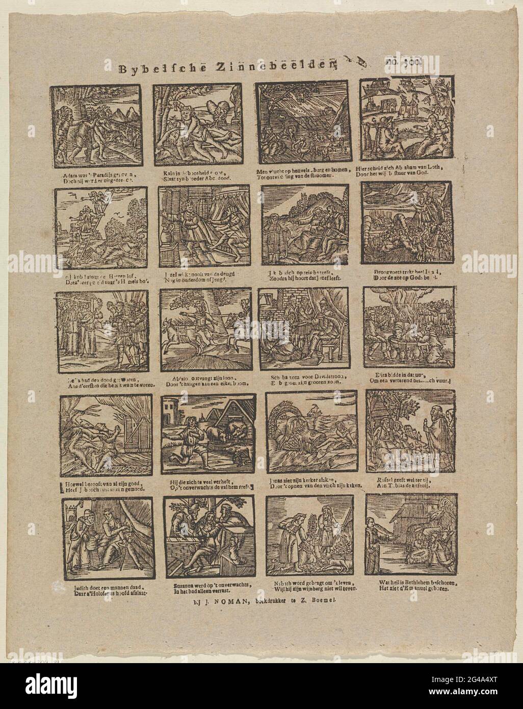 Bybelche Ziennmarks. Sheet with 20 representations of stories from the Old Testament, such as Adam and Eve's expulsion from Paradise, the death of Abel and Jonah thrown on dry land. Under each image a two-legged fresh. Numbered at the top right: No. 300. Stock Photo
