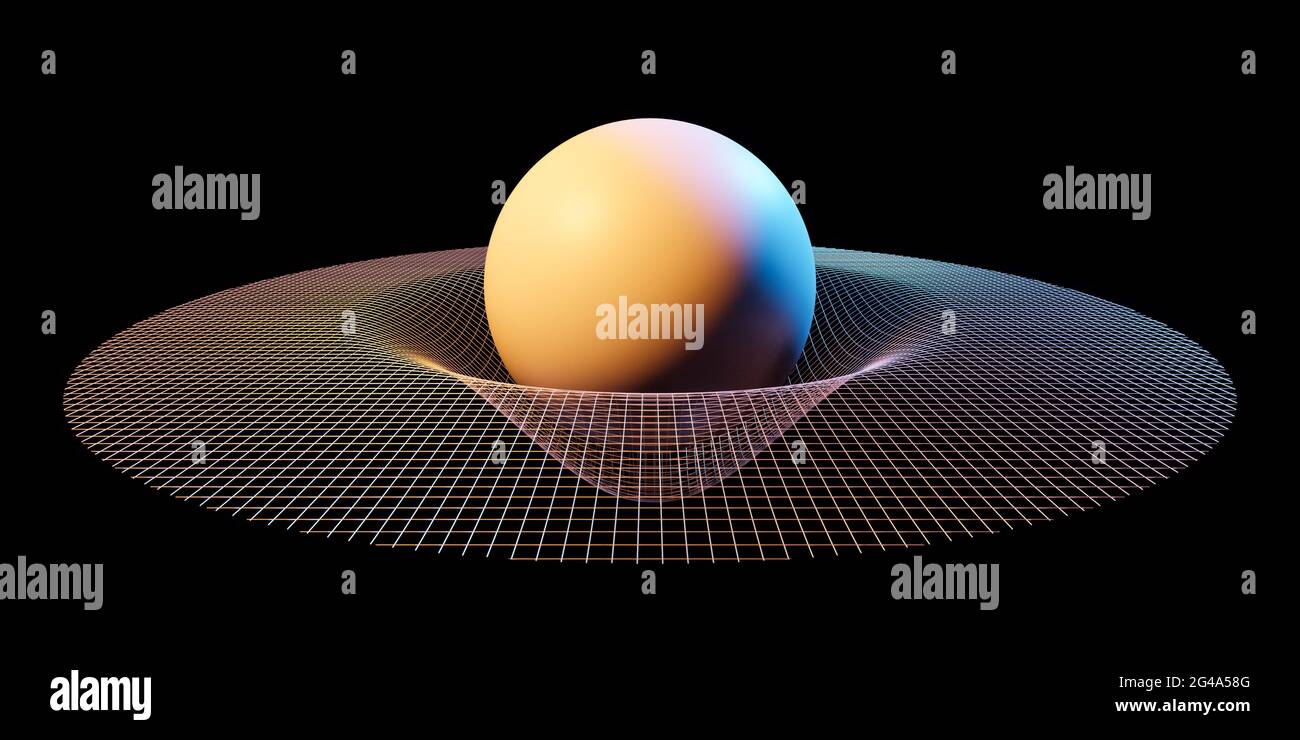3D visualization of gravity distorsion, physical objects in orbit, space, general theory of relativity, law of universal gravitation, scientific Stock Photo