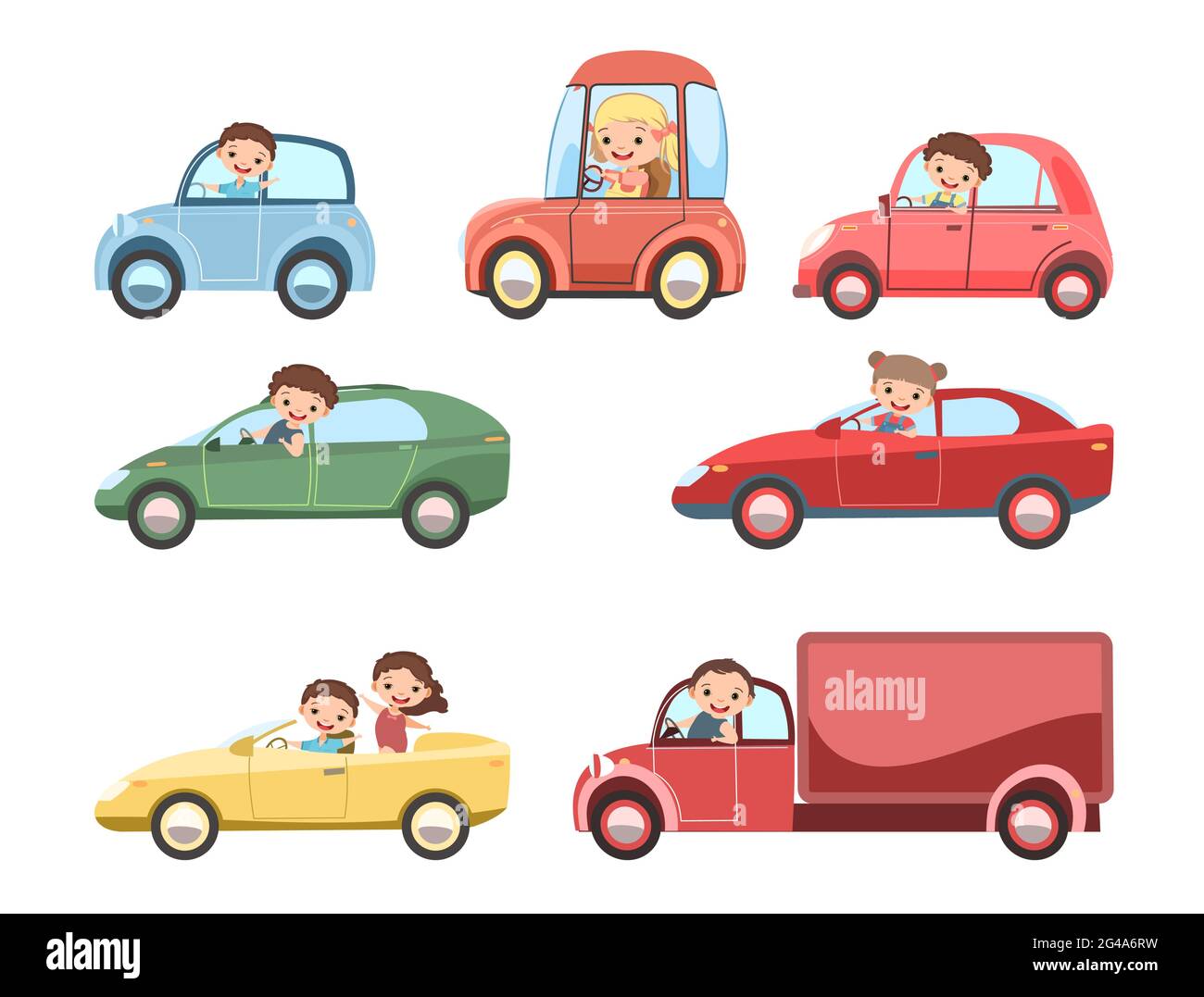 Childrens car. Set. Kids drives different cars and truck. Toy avehicle. With a motor. Nice passenger auto. Isolated over white background. Vector Stock Vector