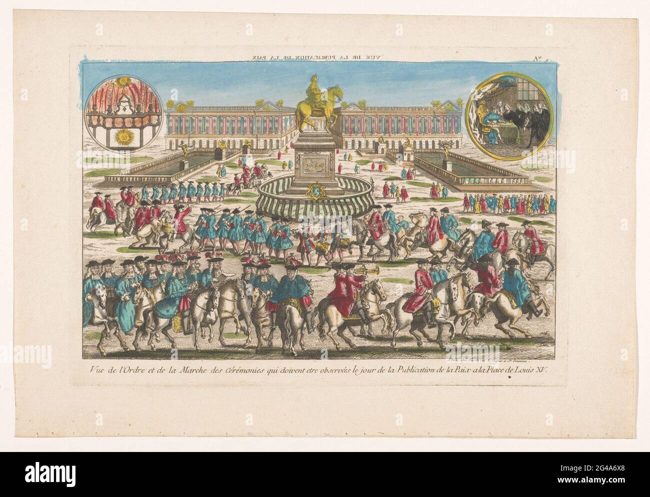 View of the Place de Louis XV in Paris with a procession to proclamation of  peace; Vue de la Publication de la Paix. At the top right the king draws  the document.