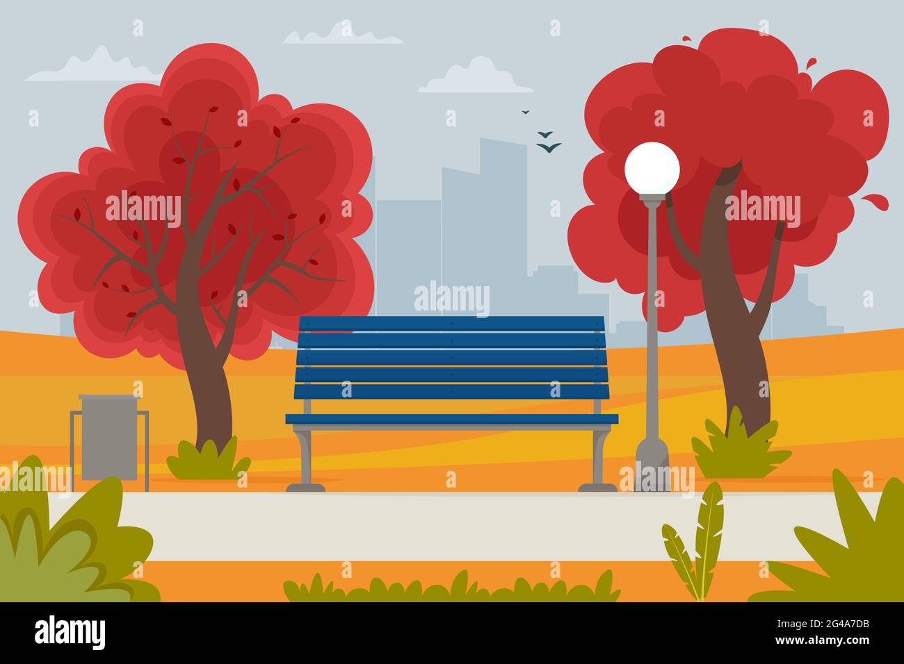 Autumn landscape with bench in the park and trees. Vector illustration ...