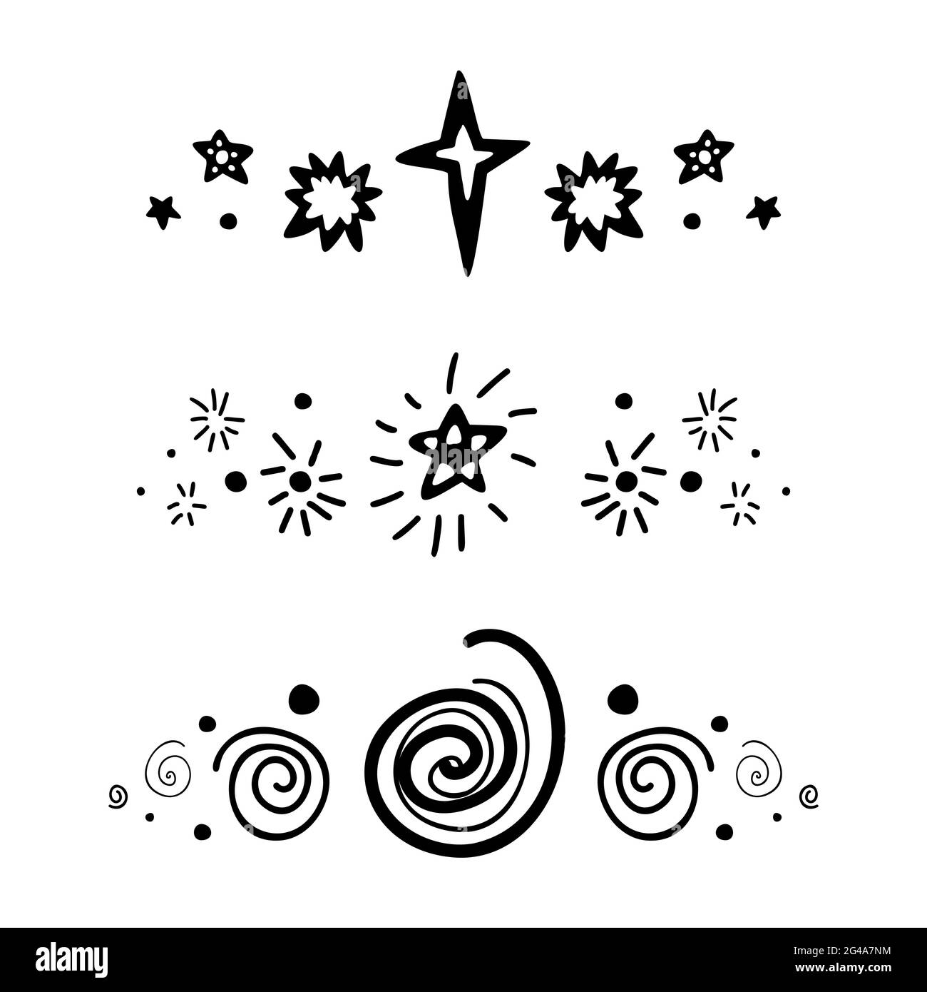 Set of spacers with black silhouette stars, dots and spiral. Vector space design element. Hand drawn flat baby cosmos text delimiters for articles, in Stock Vector