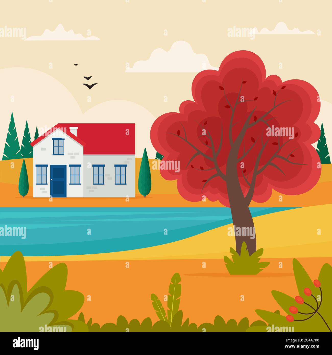 Autumn landscape with cute small house on hill. Cute vector illustration in flat style Stock Vector