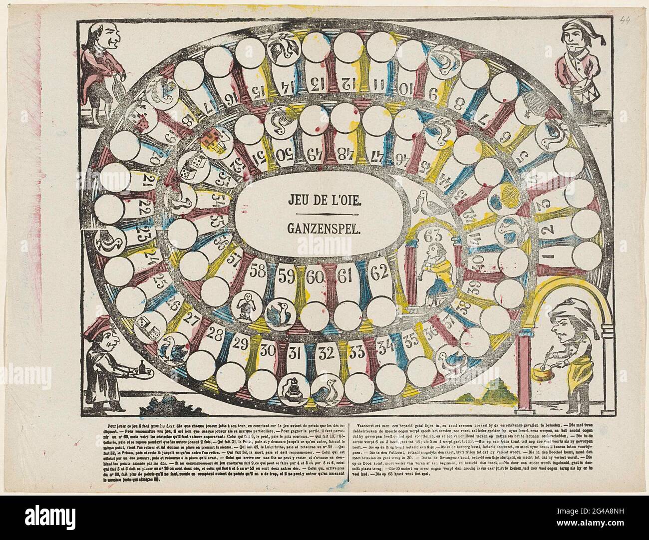 Jeu de l'oie / geese game. Goose board game with a spiral with boxes