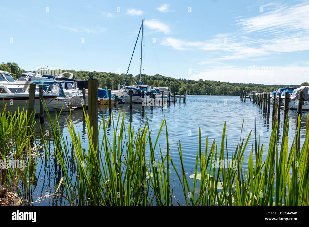 Ry, Denmark - June 16 2021: Ry Marina by Silkeborg, Beautiful marina with both in the background and people enjoying themselves on a nice summer day. Stock Photo