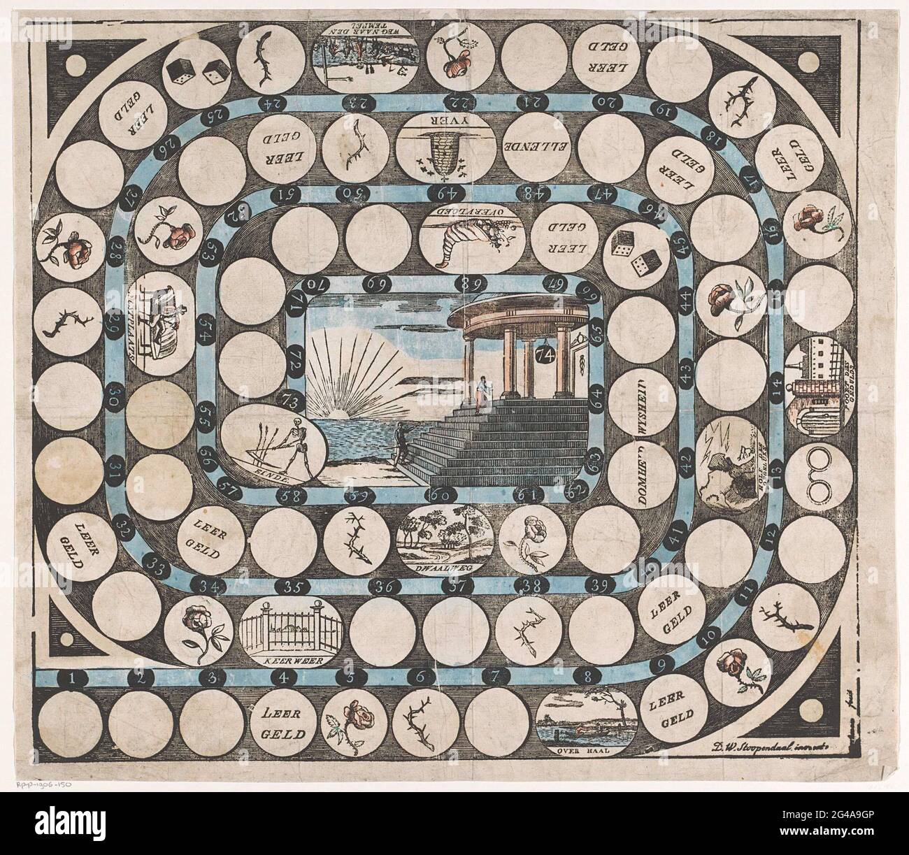 Goose board. Goose board game with boxes in a spiral, numbered from 1