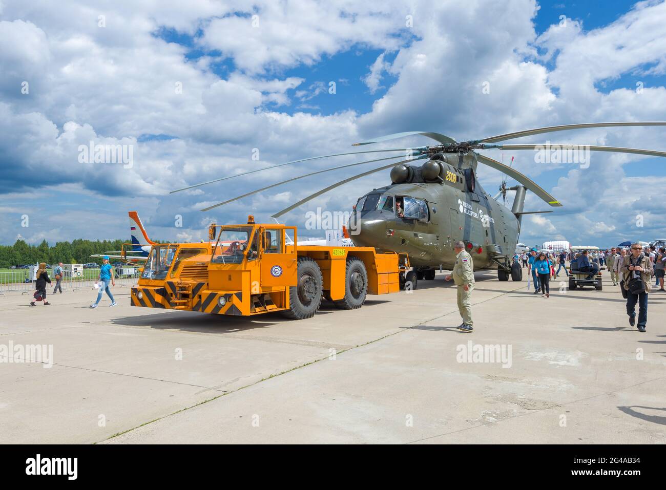 ZHUKOVSKY, RUSSIA - JULY 20, 2017: Towing of the Russian heavy transport helicopter Mi-26T2 on the MAKS-2017 air show Stock Photo