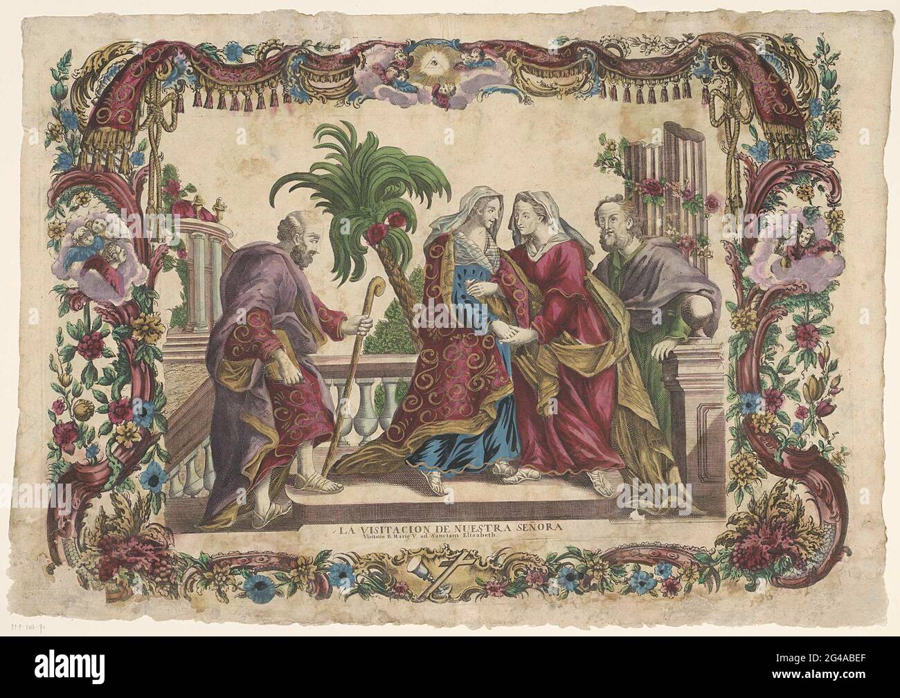Visitation; La Visitacion de Nuestra Señora / Visitation B. Marie V. Ad Sanctam Elisabeth. The pregnant Maria visits her niece Elisabet. Zacharias and Joseph are next to it. Title in two languages under the show. The scene is caught in an ornament edge with flowers and cherubs. Stock Photo