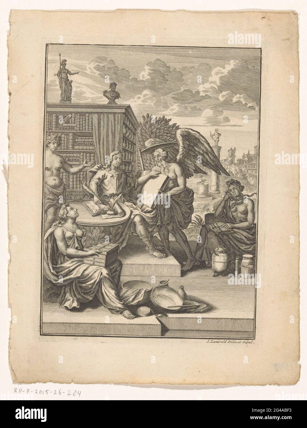 Allegorical show with a man behind a writing table. In the open air is a man behind a writing table, he looks open to that is opened by Father's time. Behind the man a bookcase with a picture of Minerva and a classic bust on top. On the ground are two feminine figures, one with a snake around her neck, the other with a drawer box. In the background a classic landscape with Apollo on a column. Stock Photo