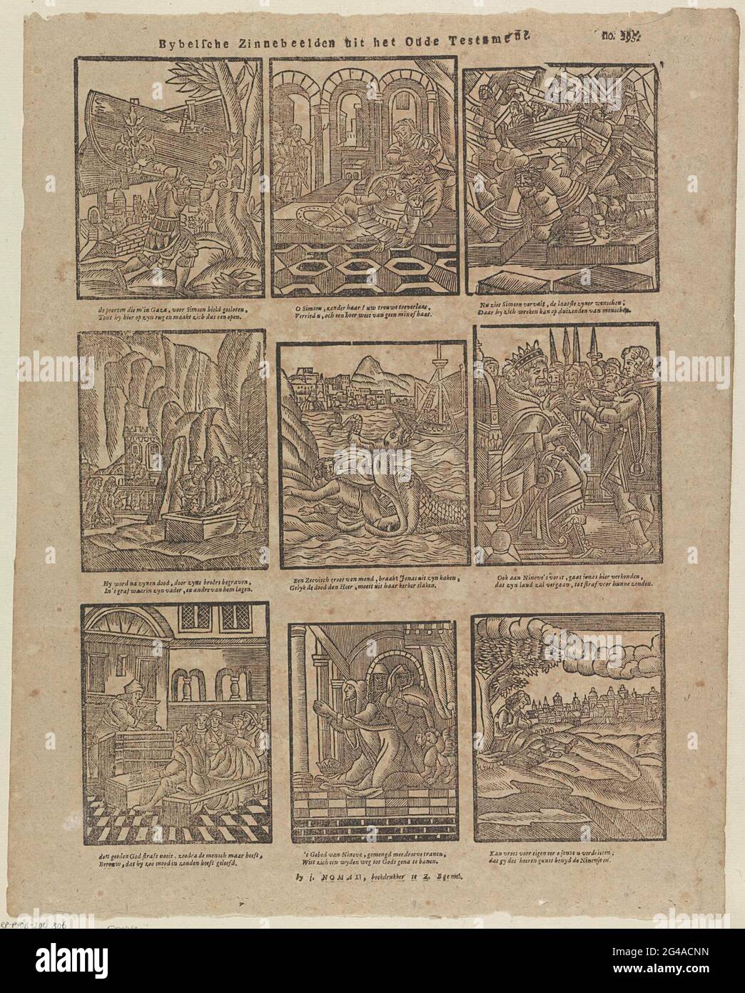 Bybelche Ziennmarks from the Old Testament. Leaf with 9 performances of stories from the Old Testament, such as the death of Simson and Jonah thrown on dry. Under each image a two-legged fresh. Numbered at the top right: No. 295. Stock Photo