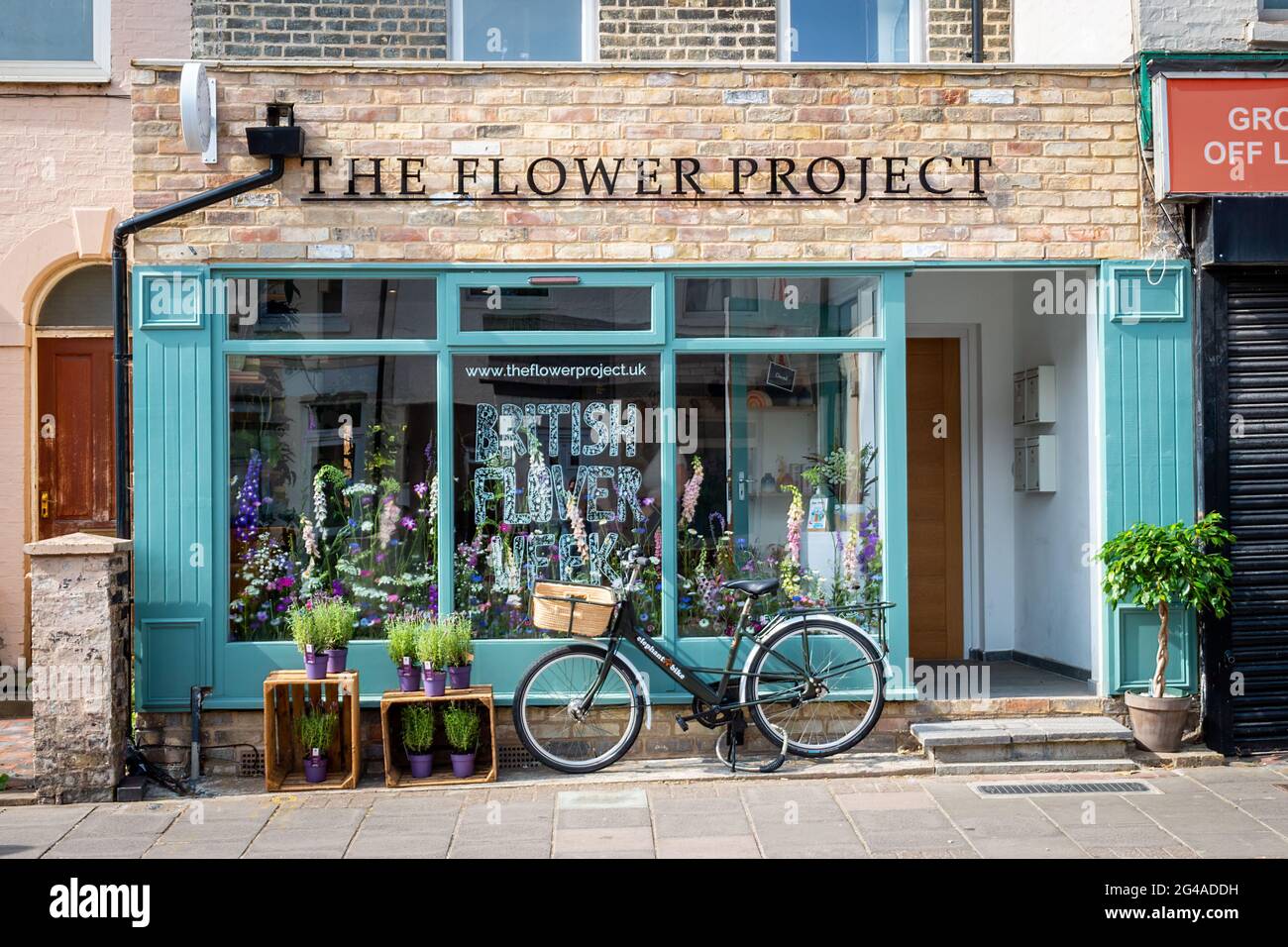 A refurbished British  postal bike (Elephant Bike) stands outside The Flower Project shop on Mill Road, Cambridge, UK. Stock Photo