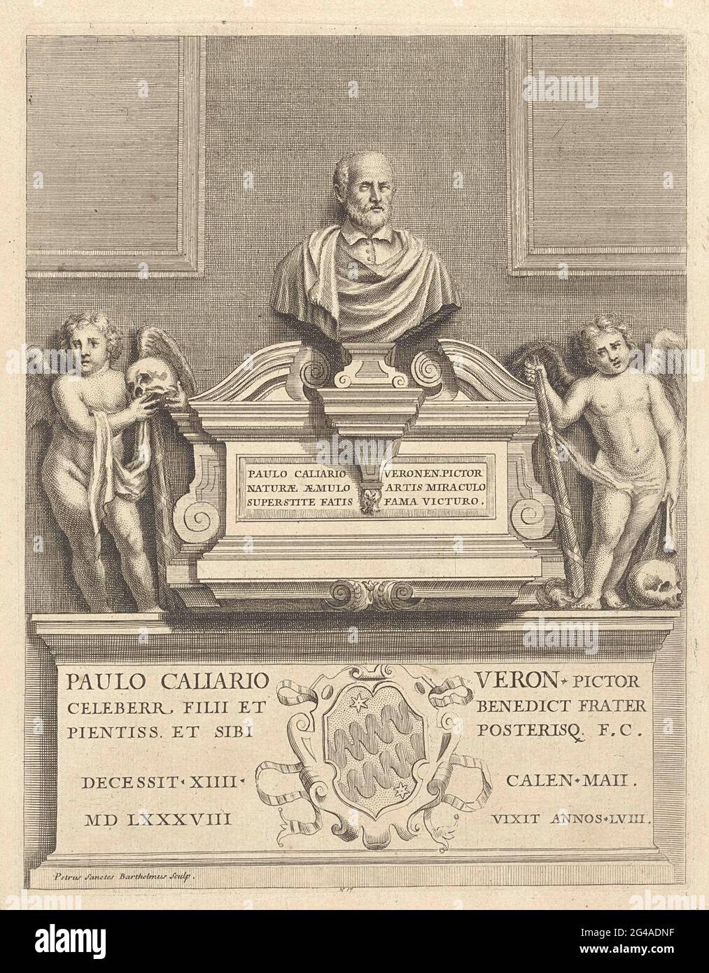 Tomb of Paolo Veronese. Tomb of painter Paolo Veronese with portrait and two putti. In sub-margin text and a coat of arms. Stock Photo