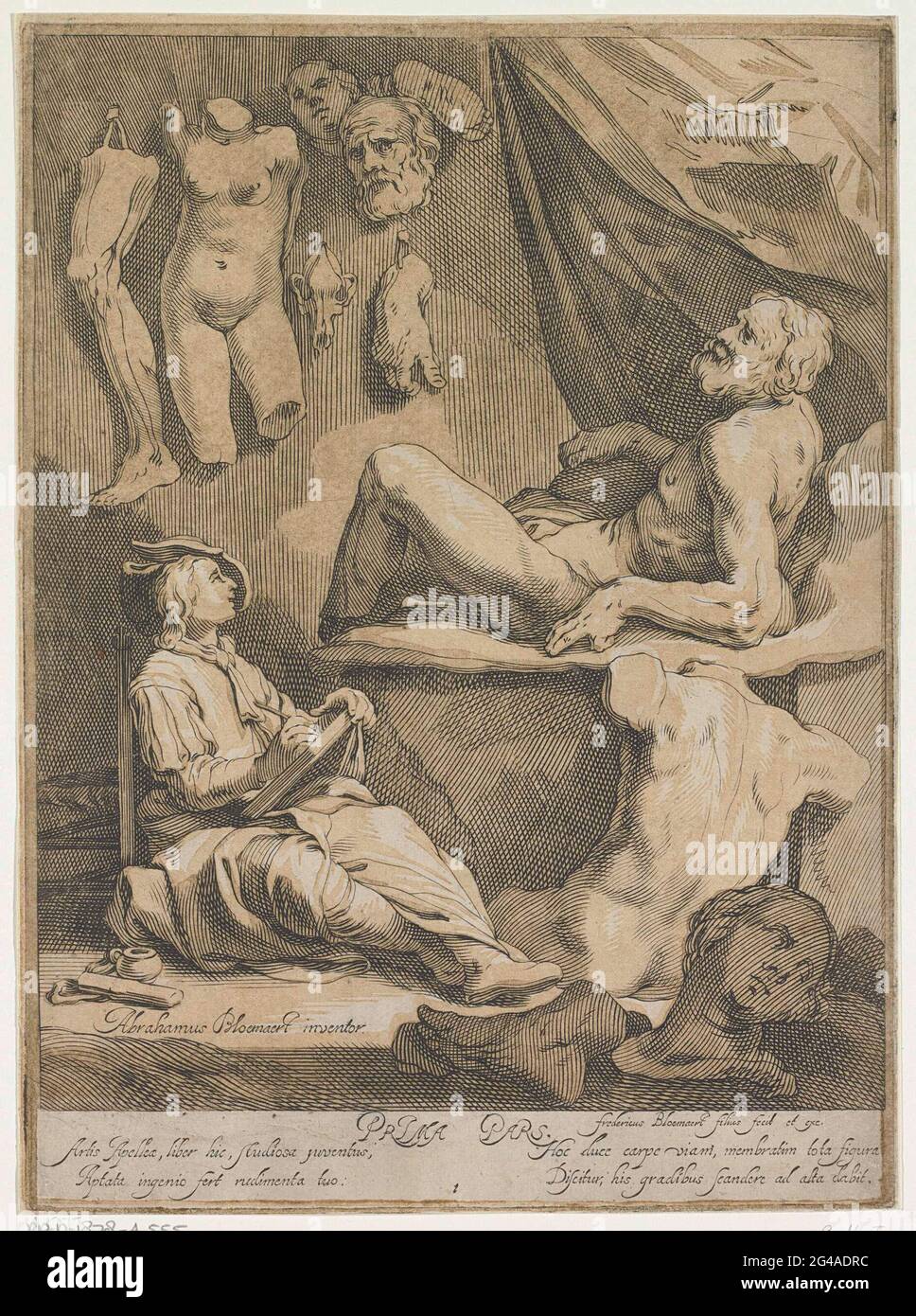 Title page of Oorspronkelyk en vermaard konstryk tekenboek. The role played by sculptural models in drawing instruction is explicitly conveyed on the title page of Abraham Bloemaert’s ‘konstryk tekenboek’ (artful drawing book), a manual for aspiring artists. Surrounded by casts of sculptures, a young artist is busy copying a sculpture of an old man reclining. Hanging on the wall are plaster models of larger than life-size body parts. Frederik Bloemaert made this title page for his father’s book. Stock Photo