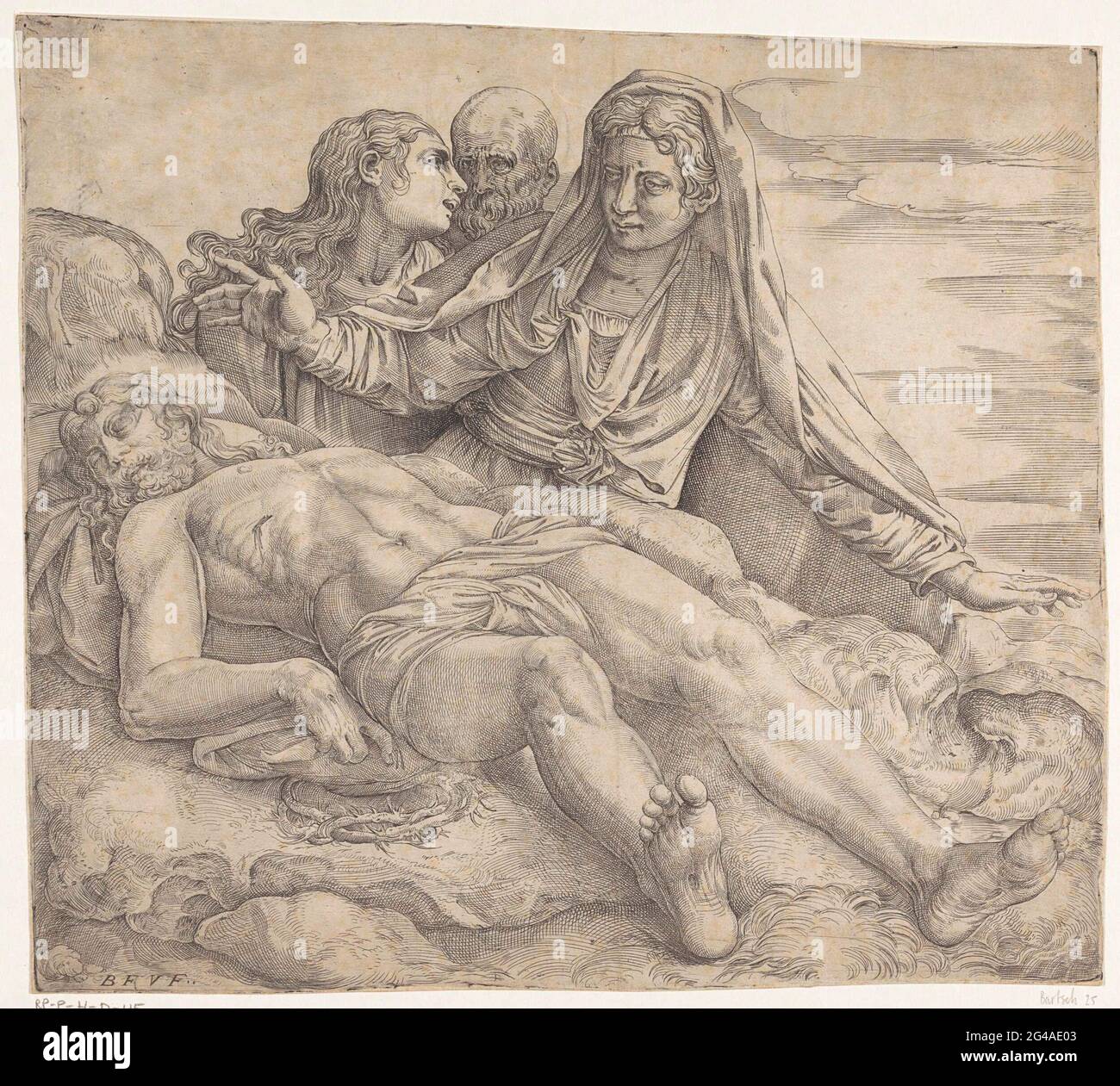 The commandation. Maria and two other figures are grieved to the body ...
