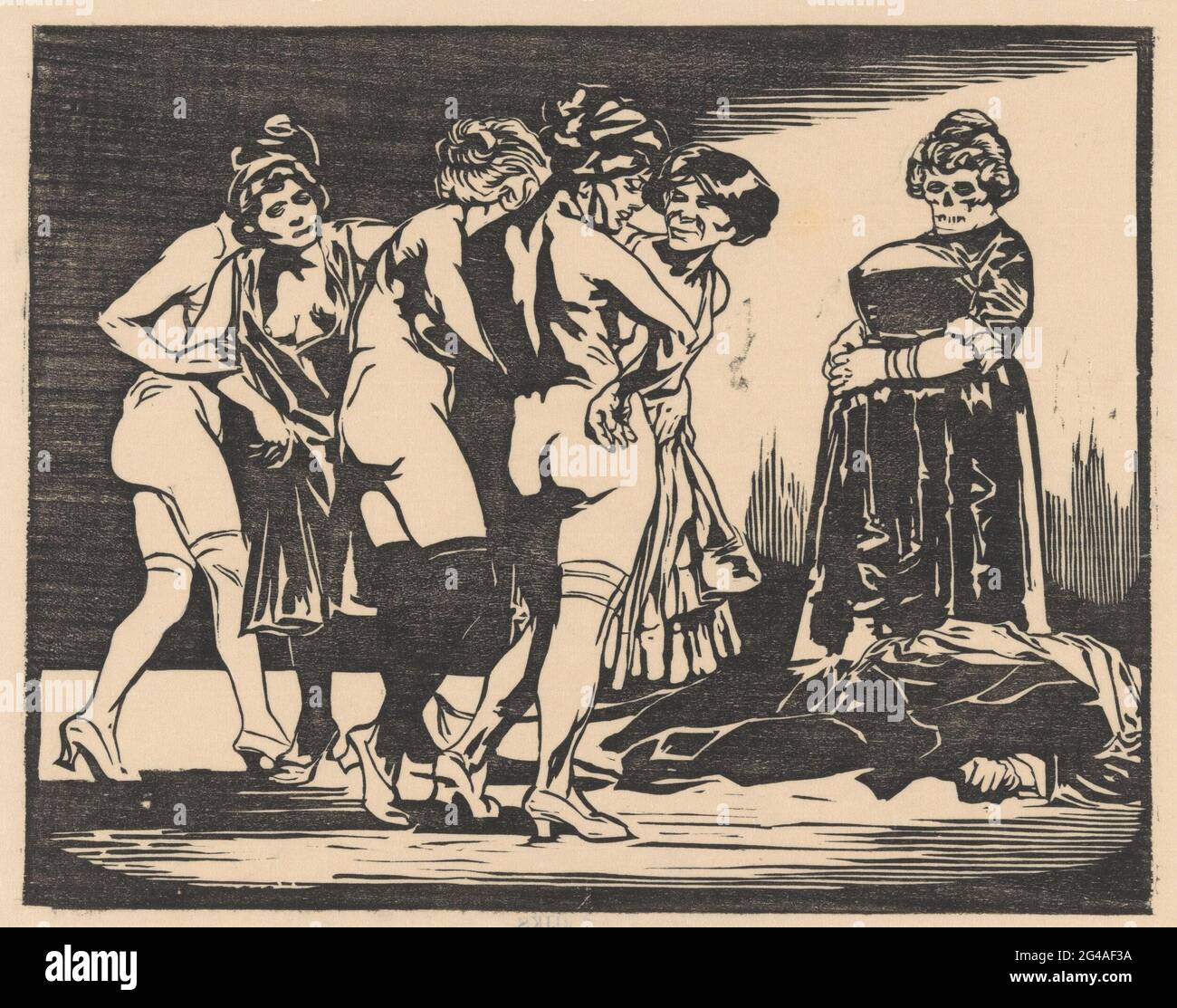 Allegory on the unchastity. A group of women is partially dressed and wears shoes with high heels. To the right of them lies the body of a man. Behind the man the death is dressed in a dress. Stock Photo
