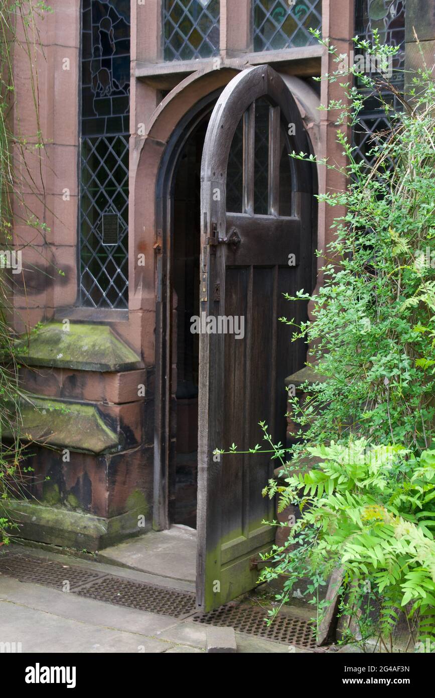 10 June 2021 - Chester UK: Open door at Chester Cathedral Stock Photo