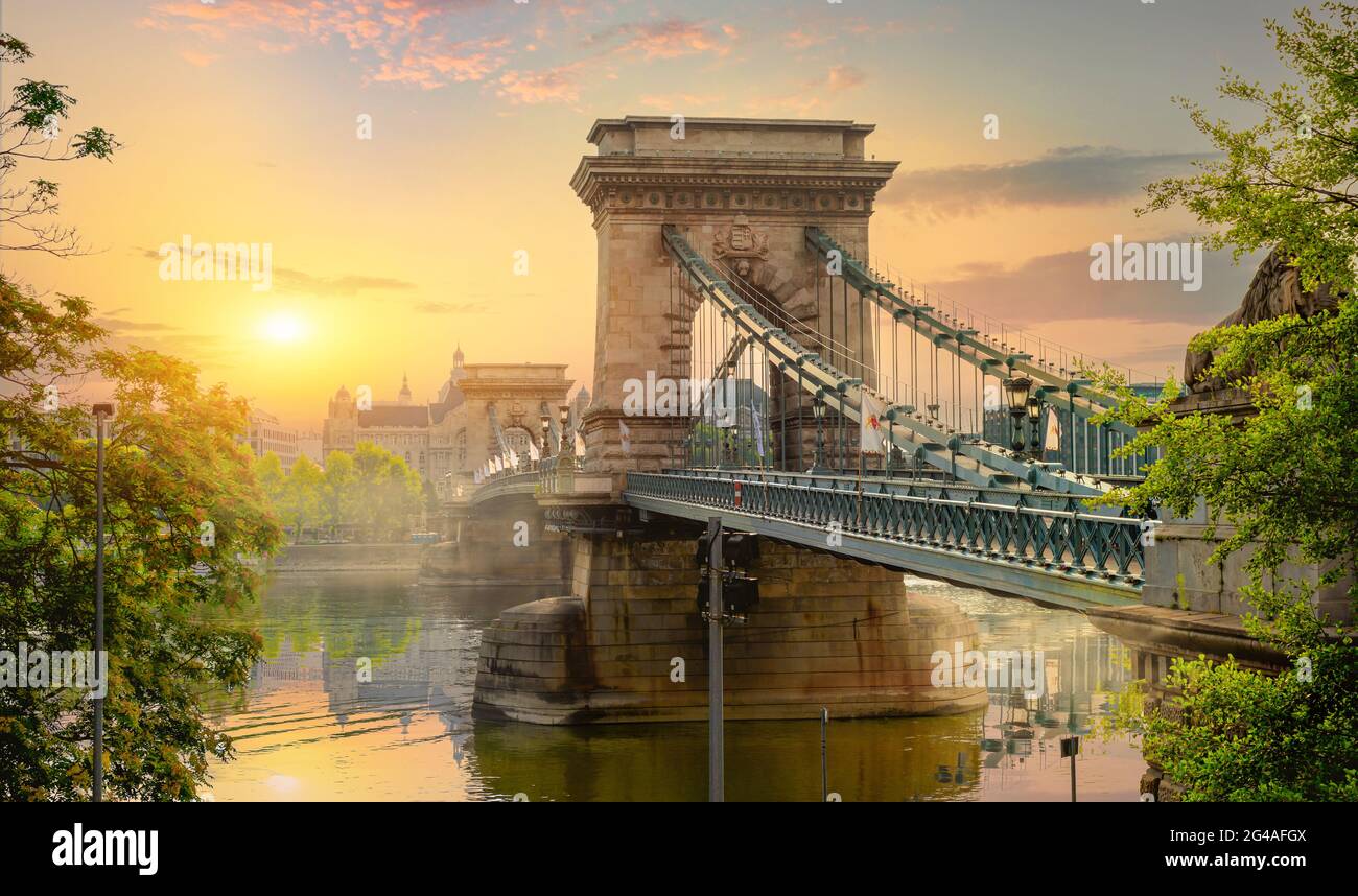View on ancient Chain bridge in Budapest at summer Stock Photo