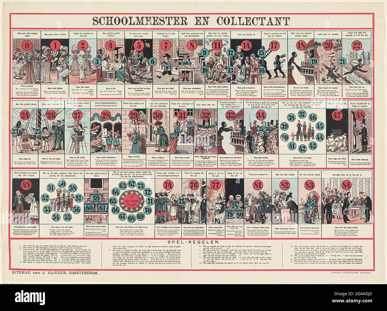 Schoolmaster and collective. Rectangular board game with numbered boxes  from 0 to 84, follows events from the life of Klaas. After a deadly  accident he caused by him he fled to the