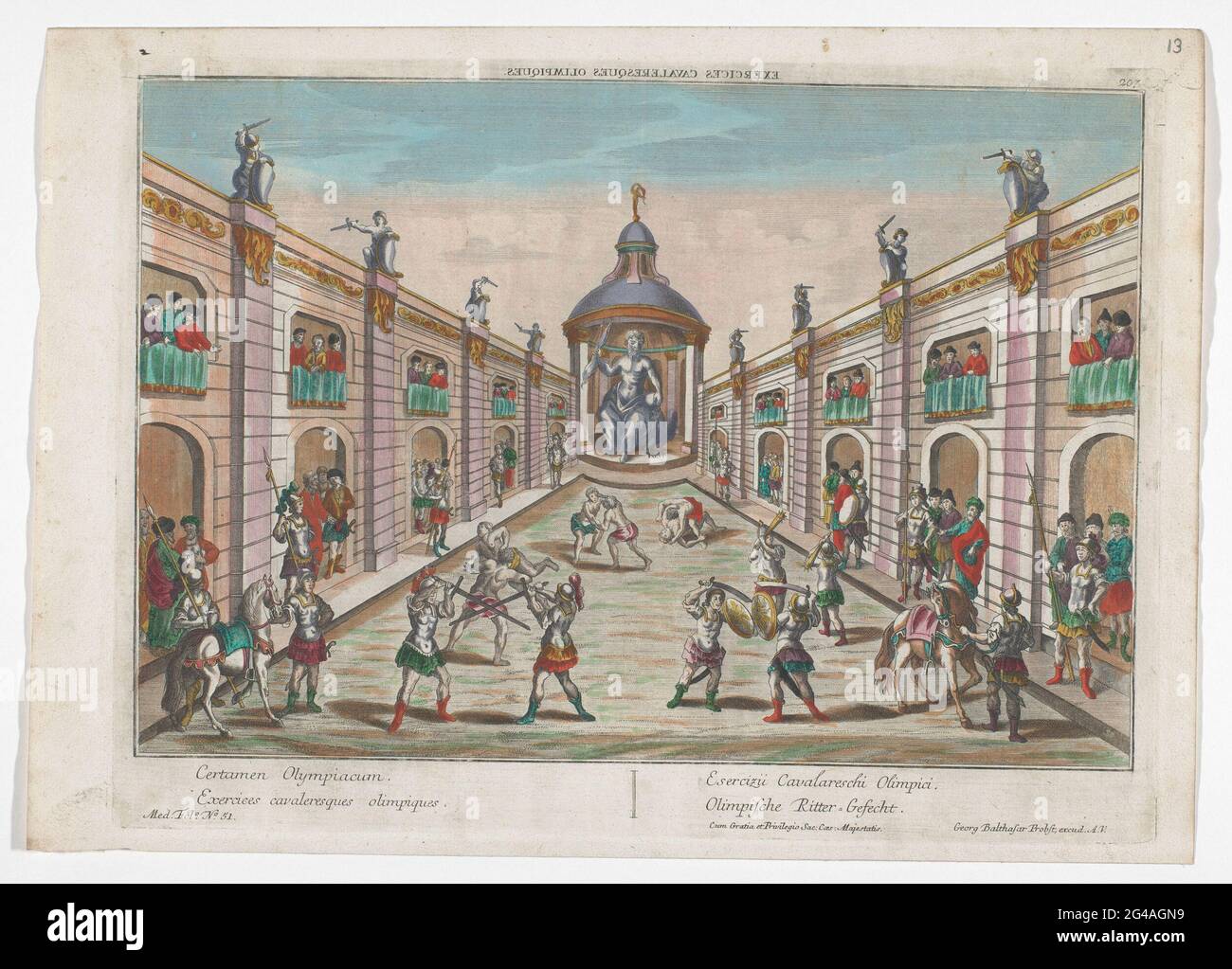 Knight fight; Olimpic Ritter-Fight; Romulus and Remus. Romulus and Remus may be trained here. In the background a man on a throne with a bird is next to himself and fire in his right hand (Prometheus?). Leged at the top right: 207. Left number numbered: 51. Stock Photo