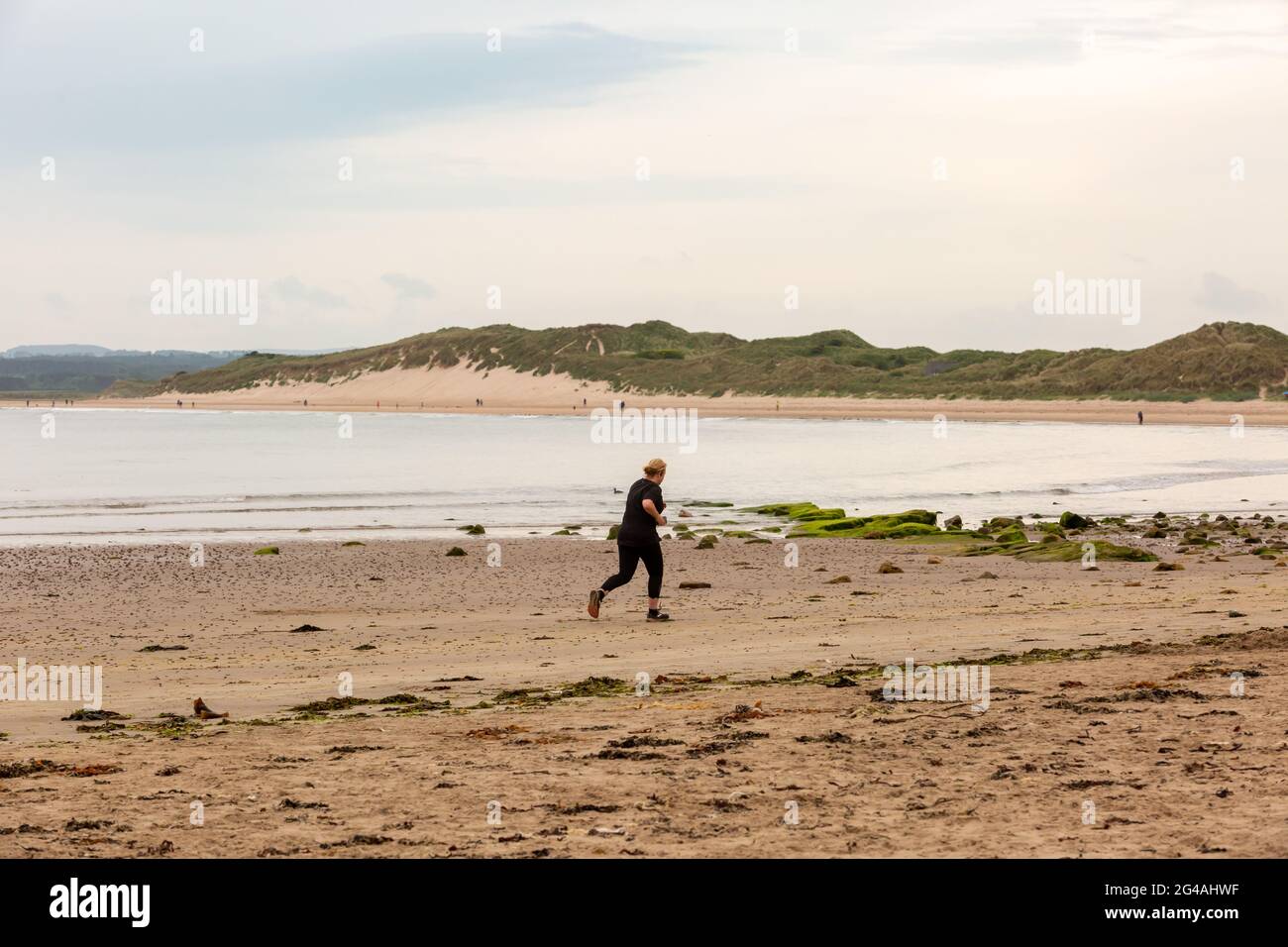 Beadnell, Northumberland, UK. 20th June, 2021. A jogger exercises on an empty beach in Beadnell Bay, Northumberland, on a dull morning. Brighter weather is expected later this afternoon. Peter Lopeman/Alamy Live News Stock Photo