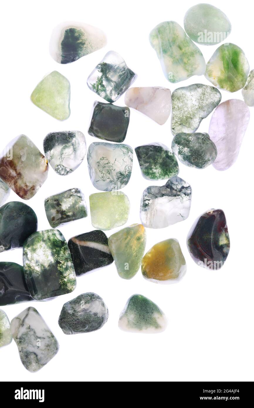 Moss Agate Heap Up Jewel Stones Texture On White Light Isolated Background Stock Photo Alamy