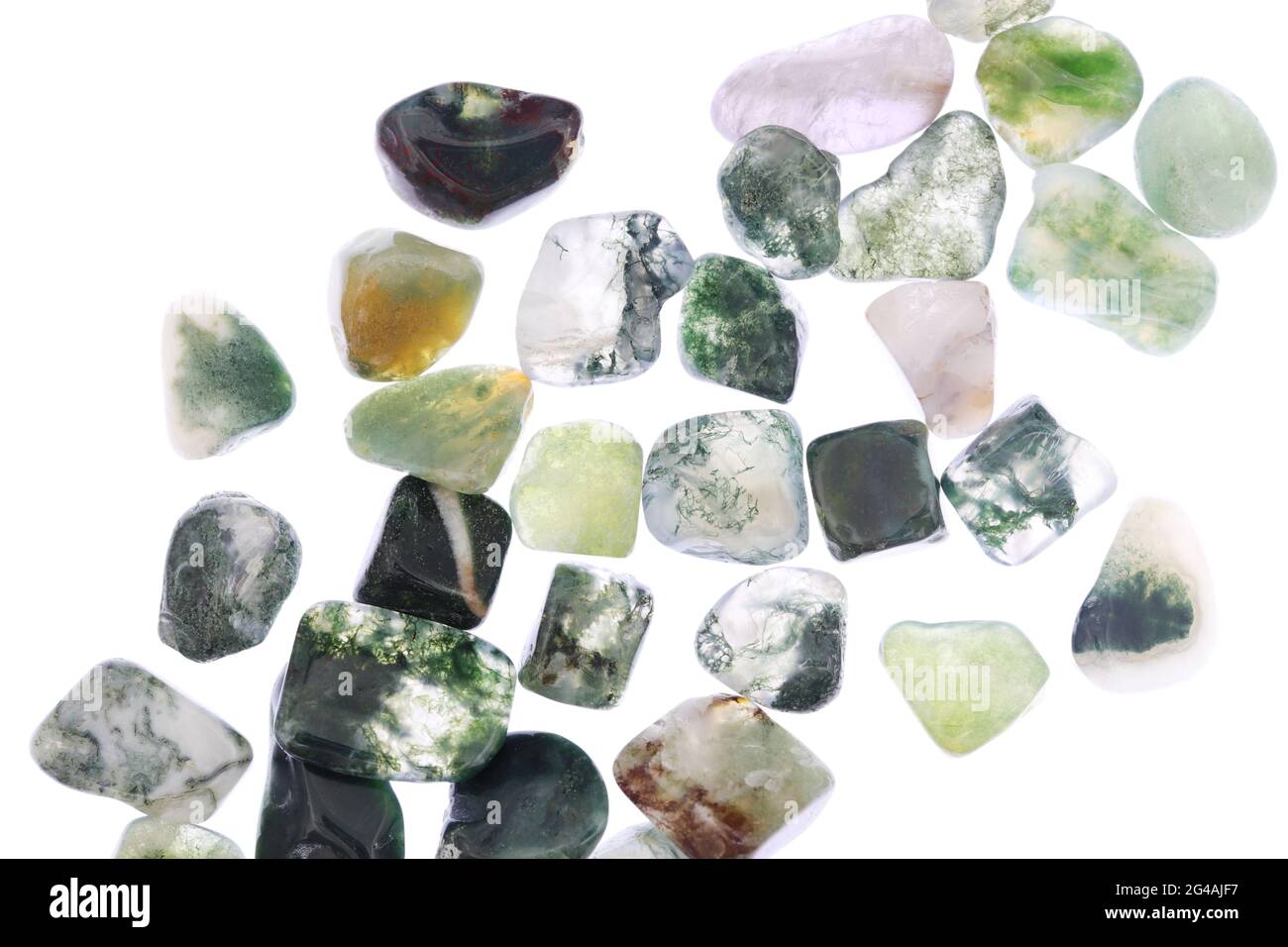 Moss Agate Heap Up Jewel Stones Texture On White Light Isolated Background Stock Photo Alamy