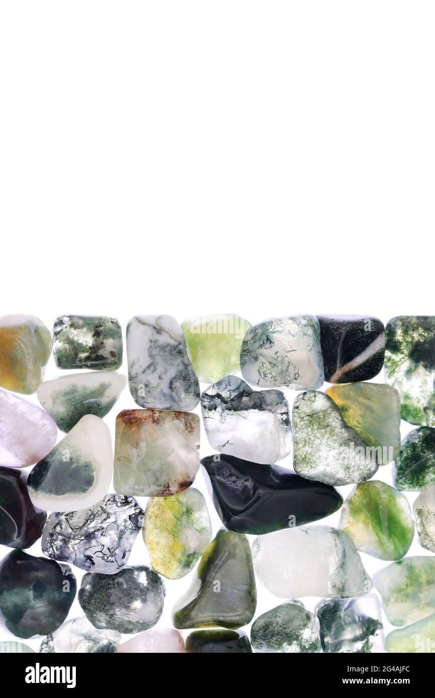 Moss Agate Heap Jewel Stones Texture On Half White Light Isolated Background Place For Text Stock Photo Alamy
