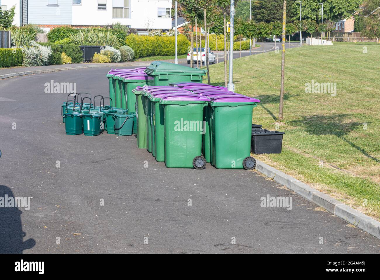 Recycling bins awaiting collection in Hythe, Kent Stock Photo Alamy