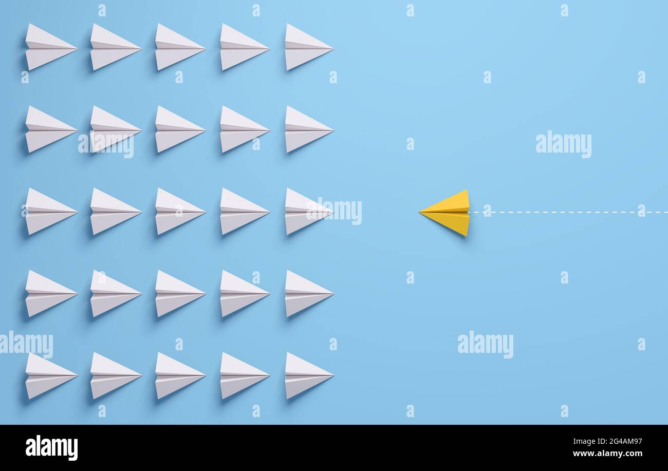 Paper airplanes face to face in battle formation. A confrontation yellow lead. Change concepts. 3d rendering. Stock Photo