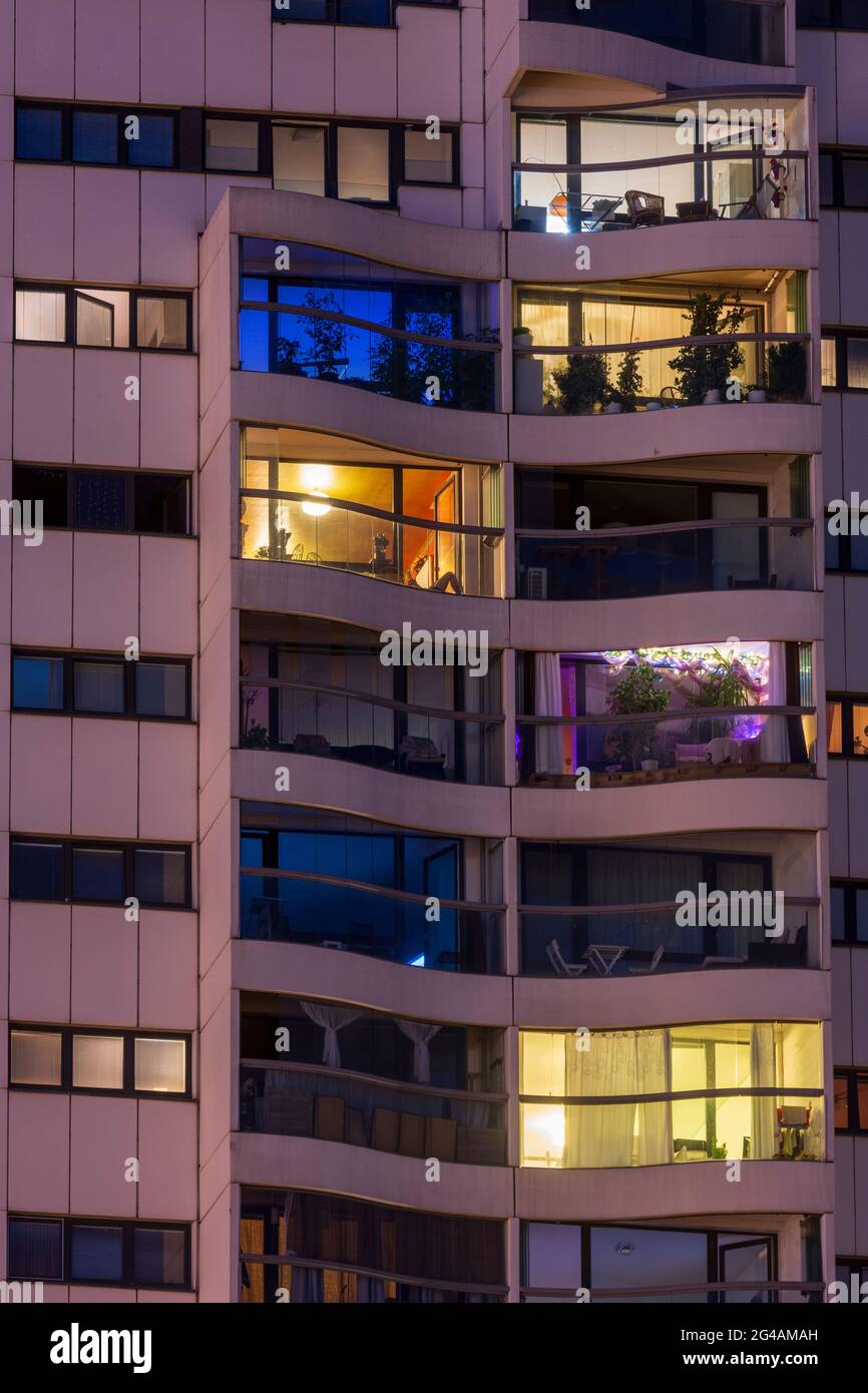 Wien, Vienna apartment house, lit apartments, loggias, highrise