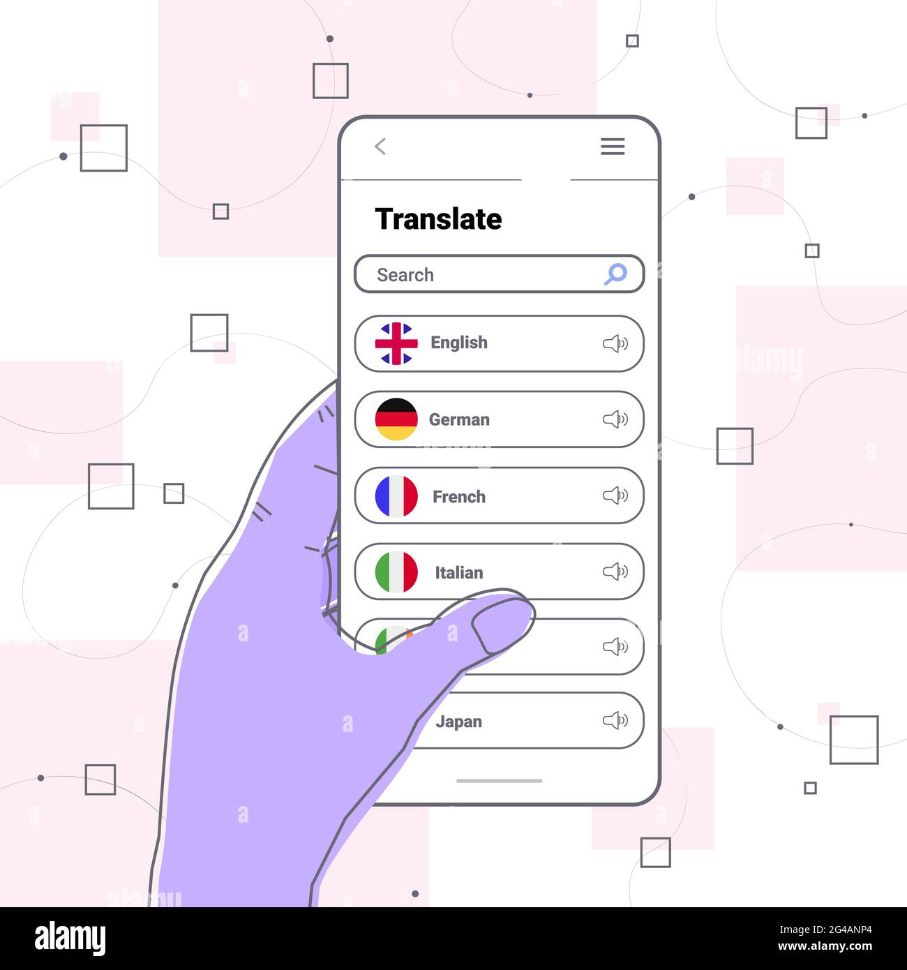 hand using mobile translation application multilingual greeting international communication online dictionary Stock Vector