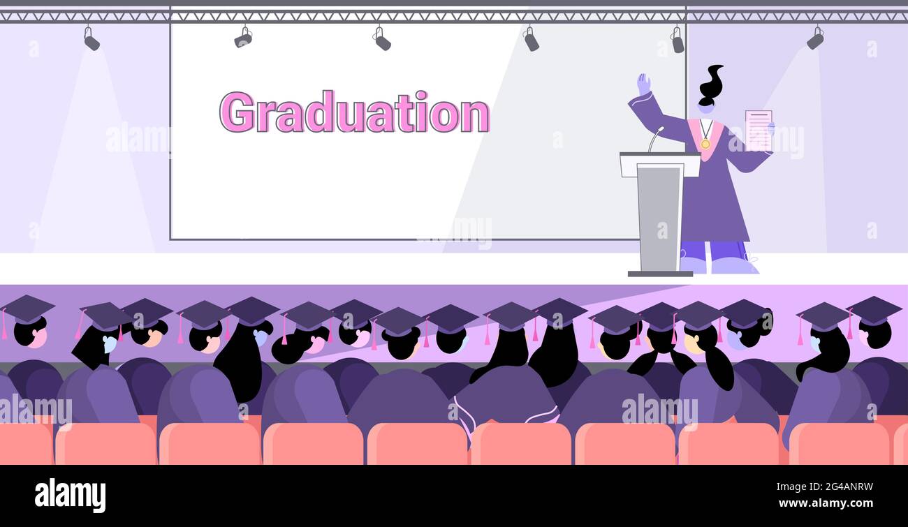 female graduated student giving speech from tribune graduates celebrating academic diploma degree education Stock Vector