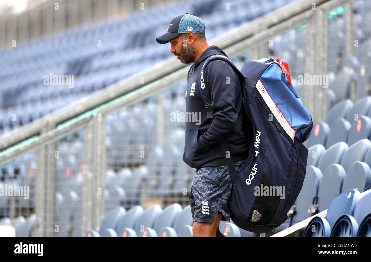 England spin bowling coach Jeetan Patel during the nets session at Sophia Gardens, Cardiff. Picture date: Sunday June 20, 2021. Stock Photo