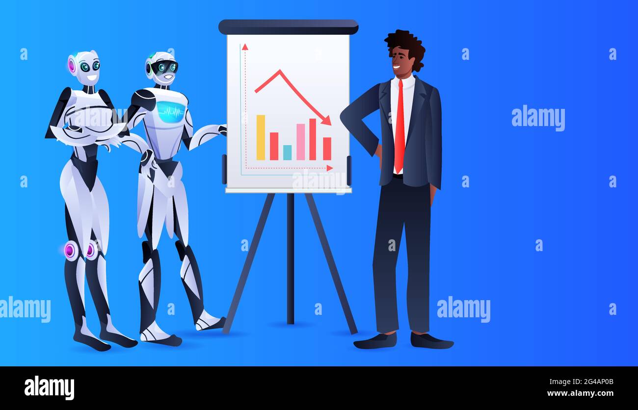 robots with african american businessman analyzing financial statistics ...
