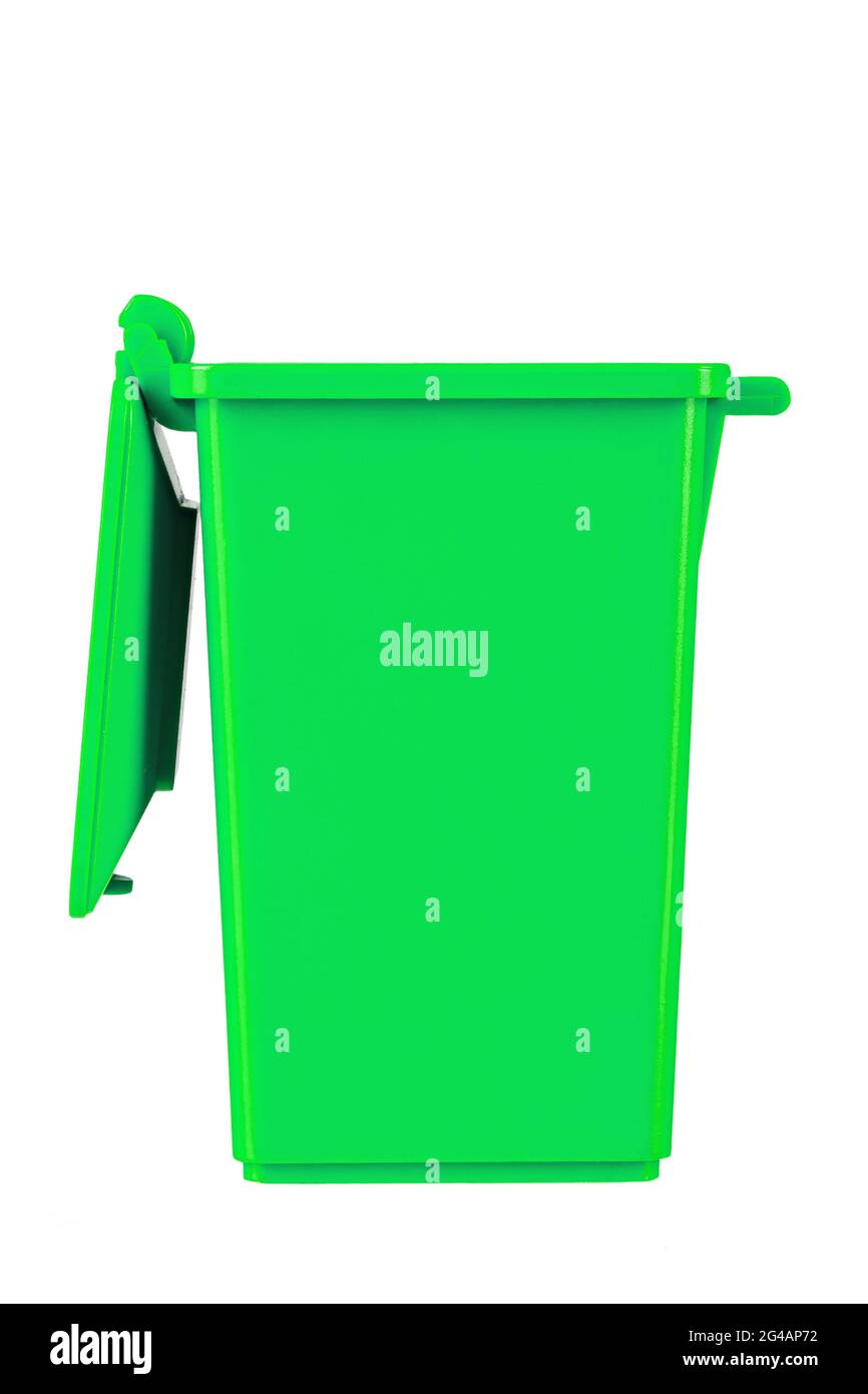 Waste bin with open lid in green, isolated in white. Garbage recycling