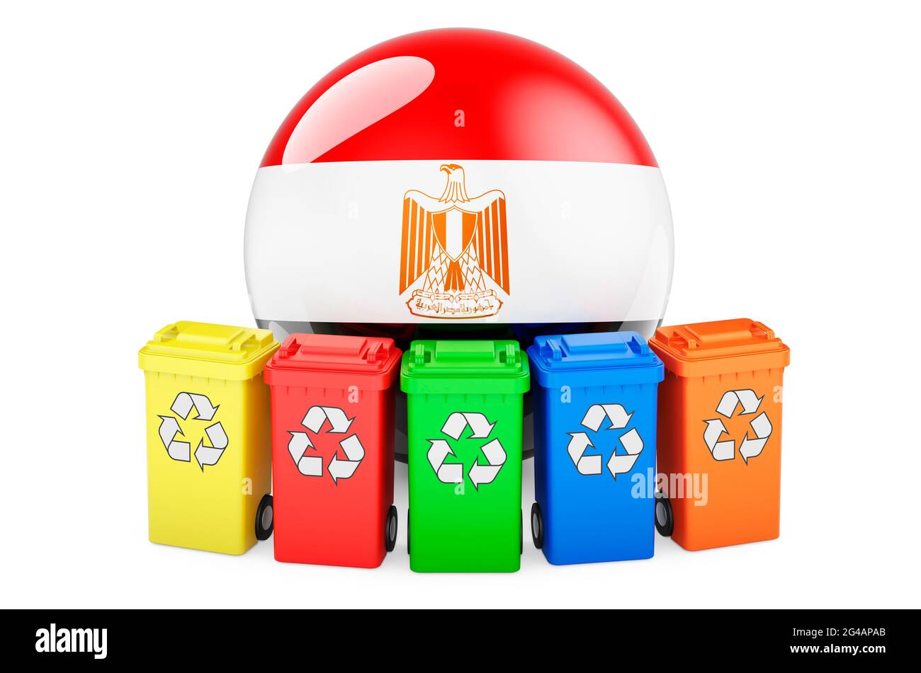 Waste recycling in Egypt. Colored recycling bins with Egyptian flag, 3D